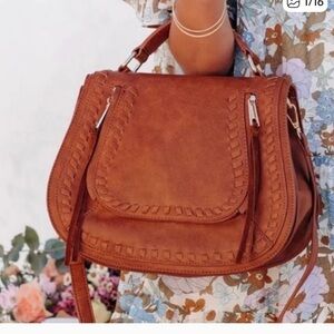 Vici Stylish Brown Woven Trim Saddle Bag - Women